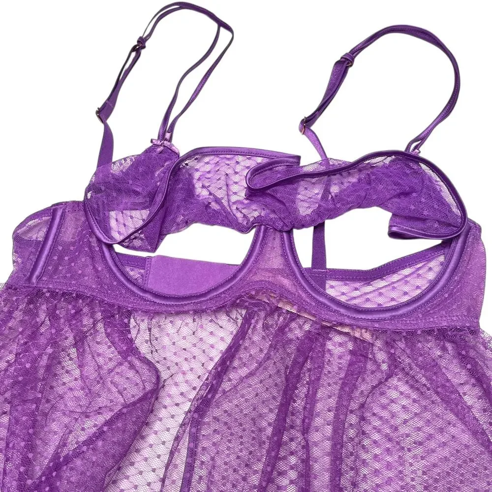 Victoria's Secret Peekaboo Mesh Open-Cup Babydoll Set Purple Tease Size XS
